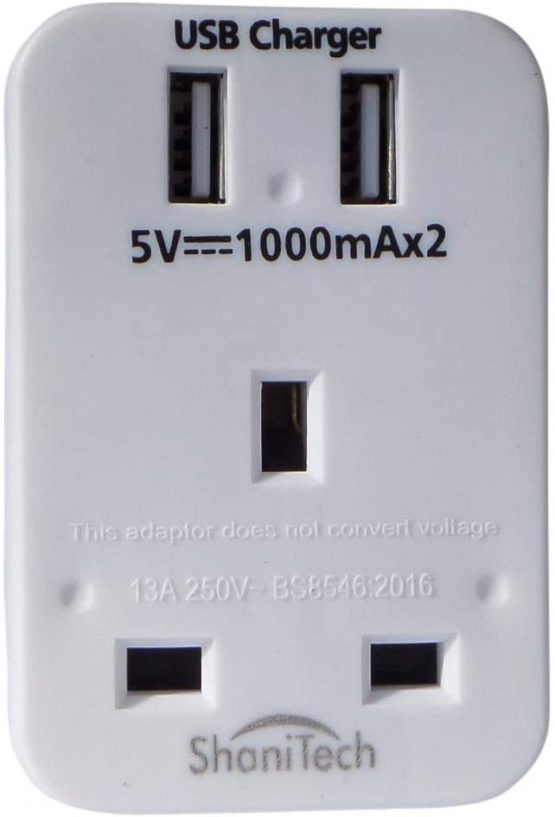 ShaniTech UK to European EU Travel Adaptor 1 Way with 2x USB Charging Ports Ideal for Smartphones, Tablets, Cameras Euro Refer to Description for country list Adapter - Image 2
