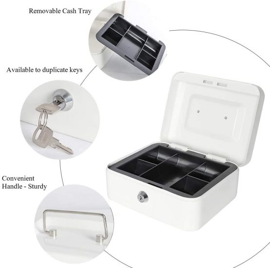 Cash Box with Money Tray, Metal Locking Money Box with Key Lock for Security, 7 4/5" x 6 4/5" x 3 3/5", White - Image 3