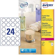 Avery L7780-25 Self-Adhesive Crystal Clear Transparent Round Labels, 24 Labels Per A4 Sheet