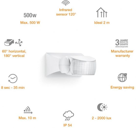 Steinel Infrared Motion Sensor IS 1 white, 120° Motion Detector, 10 m Range, IP 54, splashproof, max. 500 W or 4 LEDs - Image 4