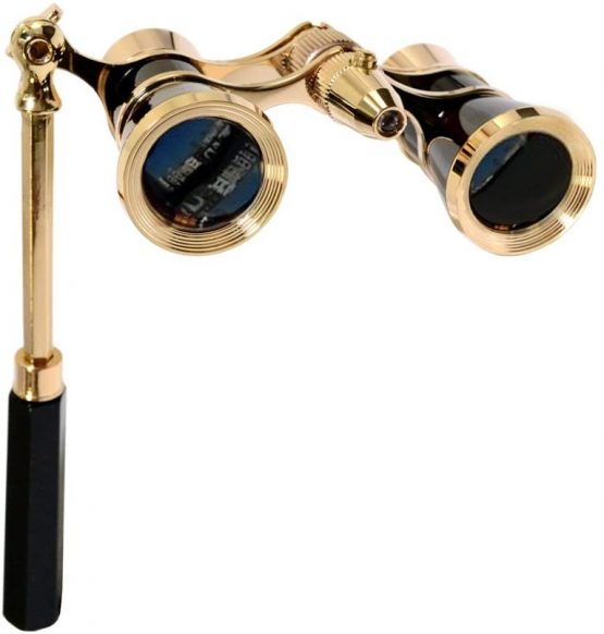 HQRP 3 x 25 Theatre Opera Glass/Glasses/Binocular Black w/Crystal Clear Optic, LED light, Gold Trim w/Built-In Extendable Handle