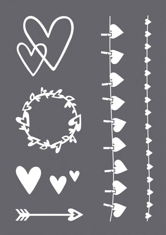 Rayher 45128000 Set of Mask Stencil Squeegee for Crafts and Painting, Reusable Silk Screen Template with Different Heart Designs for Wedding and Birth Announcement Cards, 21x29.7cm, colourless, A4