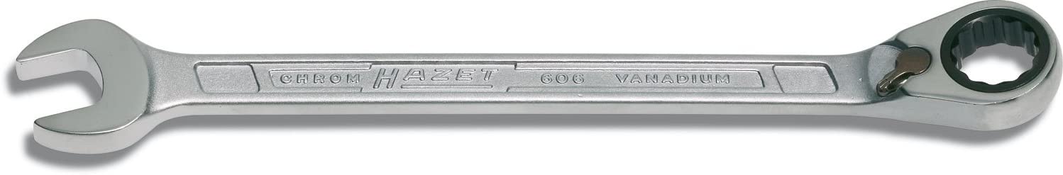 HAZET 606-15 218 mm 12-Point Traction Profile Ratcheting Combination Wrench - Chrome-Plated, 15 mm
