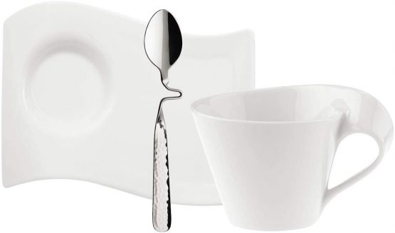 Villeroy & Boch New Wave Cappuccino Set, 3 Pieces, Coffee Cup, Premium Porcelain Saucer, Stainless Steel Spoon for 1 Person, Dishwasher Safe