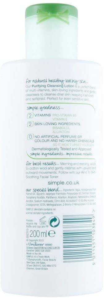 Simple Kind To Skin Purifying Cleansing Lotion 200 ml, Multicoloured, 200 ml (Pack of 1) - Image 2