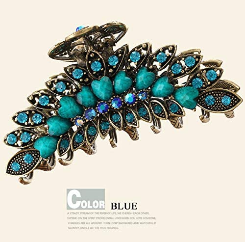Fodattm Girls Women Lady Retro Flowers Hair Claw Clip Vintage Alloy Rhinestone Non-Slip Hair Jaw Clips Hairpin Large Hair Updo Grip Bath Accessories for Thick Hair Fancy Hair Clamp (Blue) - Image 2