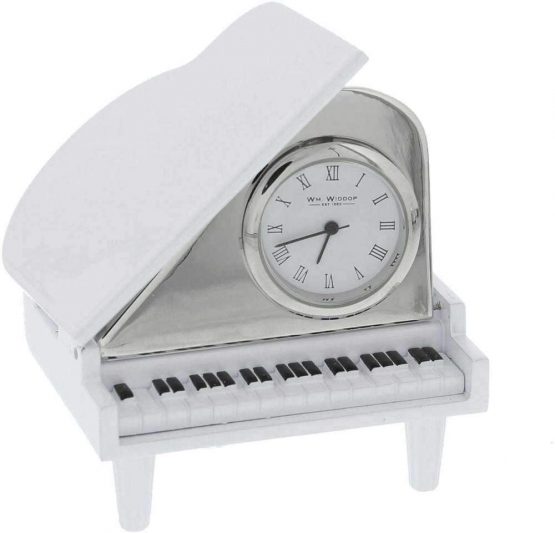 Grand Piano Miniature Novelty Clock In White Enamel & Polished Stainless Steel In Presentation Box - The Ideal Gift For All Musicians Or Music Lovers (9650)