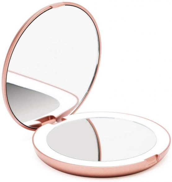 Fancii LED Compact Makeup Mirror for Handbag, 1X/10X Magnifying - Natural Daylight LED, Travel Size, Portable, Large 127mm Wide Illuminated Mirror, Rose Gold (Lumi)