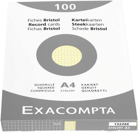 Exacompta Bristol Squared Record Cards, A4 - Yellow, Pack of 100