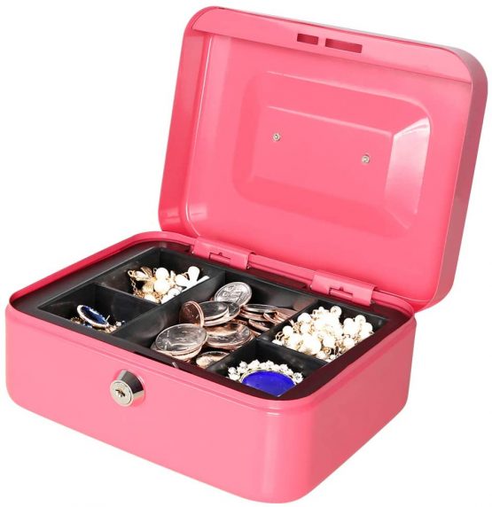 Cash Box with Money Tray, Metal Locking Money Box with Key Lock for Security, 7 4/5" x 6 4/5" x 3 3/5", Pink - Image 2