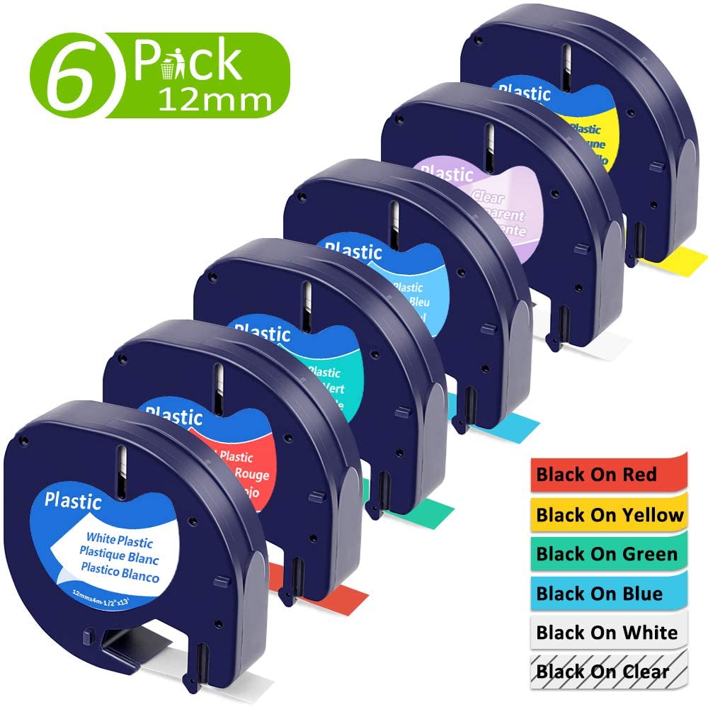 6X Fimax Compatible with Dymo LetraTag Refill Plastic Label Tape, 12mm x 4m for Label Maker LT-100H LT-100T XR