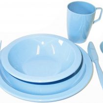 Camping Tableware Set - Plate, Bowl, Beaker and Cutlery - Summer Blue Reusable Virtually Unbreakable