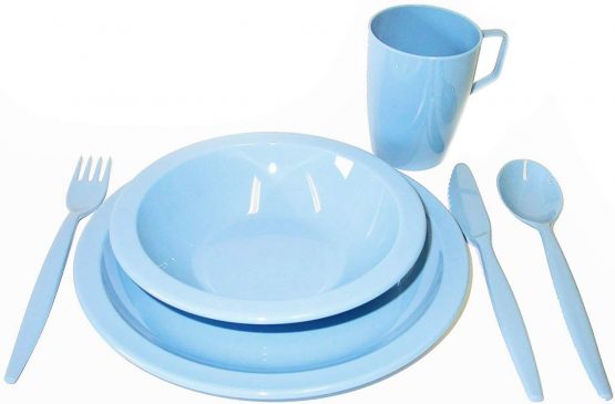 Camping Tableware Set - Plate, Bowl, Beaker and Cutlery - Summer Blue Reusable Virtually Unbreakable