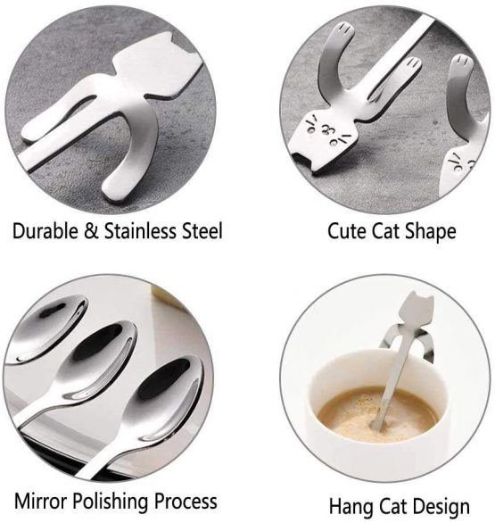6 PCS Cat Spoon Coffee Tea Spoon Set, ESRISE Stainless Steel Hanging Cup Teaspoons Demitasse Mini Long Cute Kitten Stirring Spoon for Dessert Drink Mixing Milkshake (Multi-6 Cat Spoon) - Image 3