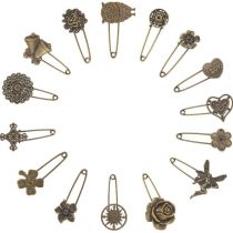 NBEADS 15 Pcs Retro Mixed Shaped Vintage Alloy Safety Brooch Pins, Mixed Sizes Decorative Hijab Pins Safety Steampunk Findings for Sweater Scarf Cloth Garment Bag Hat Cardigan Decor