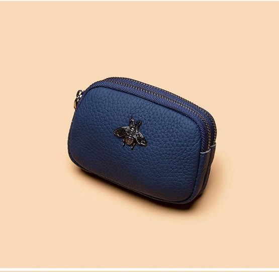 Women's Genuine Leather Coin Purse - Double Zipper Bee Change Pouch Wallet Card Holder Coin Bag Mini Simple Cute Coin Pocket Useful for Ladies Female (Blue) - Image 2