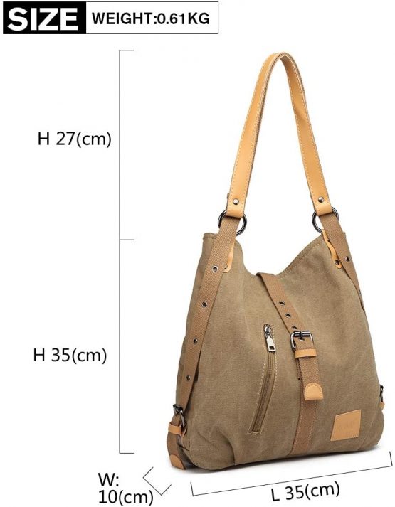 Kono Women Canvas Backpack Shoulder Bag Fashion Multifunctional Casual 3 in 1 Ladies Travel Daypack Handbags (Khaki) - Image 3