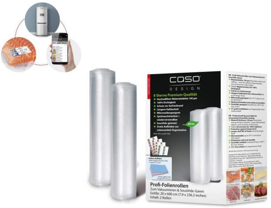 Caso Profi-Folienrollen 20 cm x 600 cm, 2 Rollen f?r Balken-Vakuumierer / stark und reissfest / Rippen-Struktur f?r optimales Vakuum / stabile Schwei?naht / kochfest / Mikrowellen-geeignet