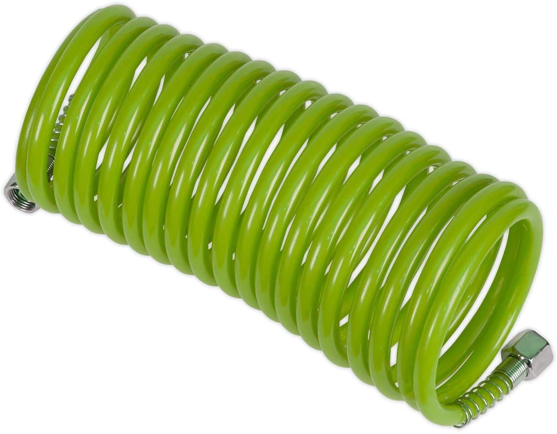 Sealey 5m x diameter 5mm PE Coiled Air Hose with 1/4"BSP Unions - Green - SA335G, 5 meters