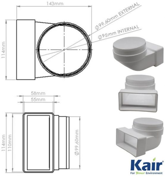 KAIR 110 mm x 54 mm Rectangular to Round 100 mm Male Spigot) 90 Degree Bend – SYS 100 – DUCVKC237 by Kair - Image 2