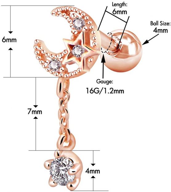OUFER Cartilage Earrings 16G Stainless Steel Moon with Cubic Zirconia Dangle Tragus Earrings Helix Studs Cartilage Piercing Jewellery - Image 3