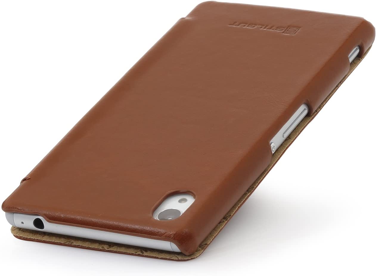 StilGut Book Type, Genuine Leather Case, Cover for Sony Xperia Z5 & Z5 Dual, Cognac Brown - Image 4
