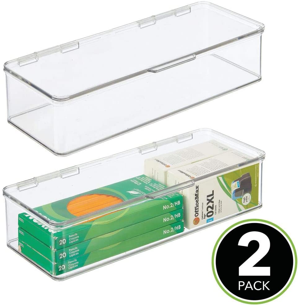 mDesign Set of 2 Storage Box Long Box with Lid for Stationery and Office Supplies Stackable