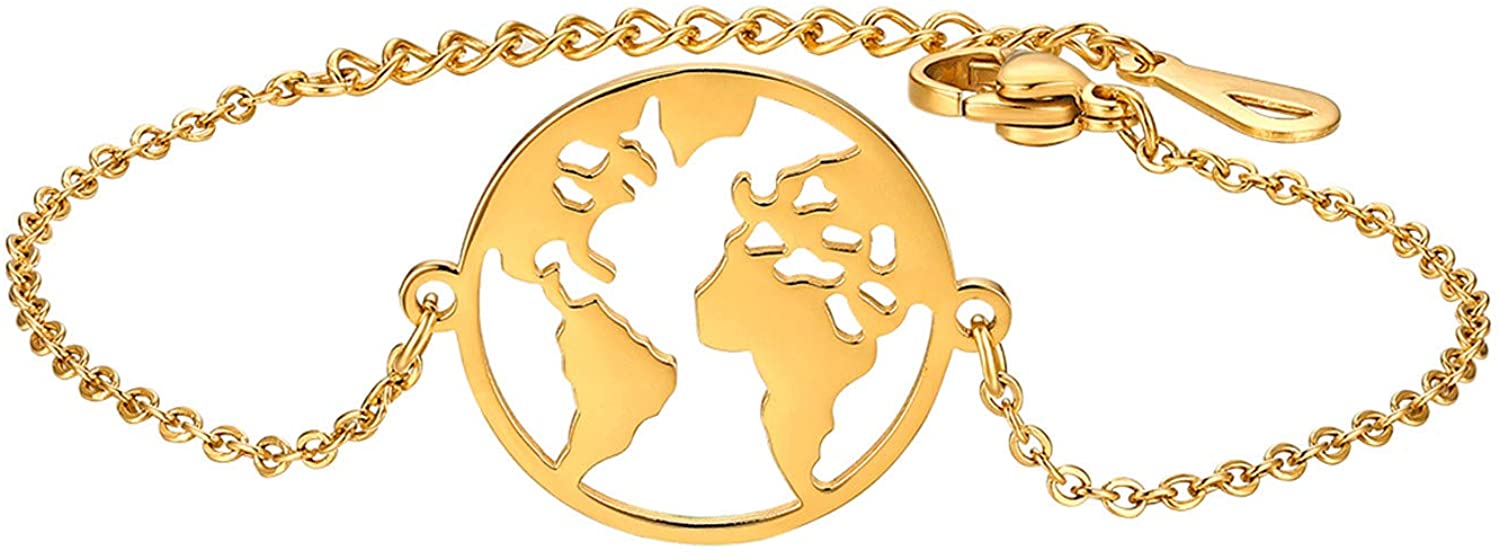 Cupimatch Adjustable Hollow World Map Bracelet Link Stainless Steel Jewelry Gift for Women Girls, Gold, 6.3 inches