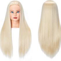 26"-28" Mannequin Head Hair Styling Training Head Manikin Cosmetology Doll Head Synthetic Fiber Hair Hairdressing training model with free clamp (White)