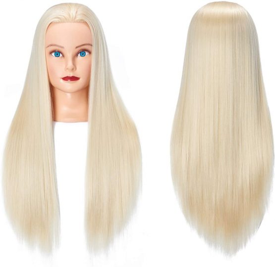 26"-28" Mannequin Head Hair Styling Training Head Manikin Cosmetology Doll Head Synthetic Fiber Hair Hairdressing training model with free clamp (White)
