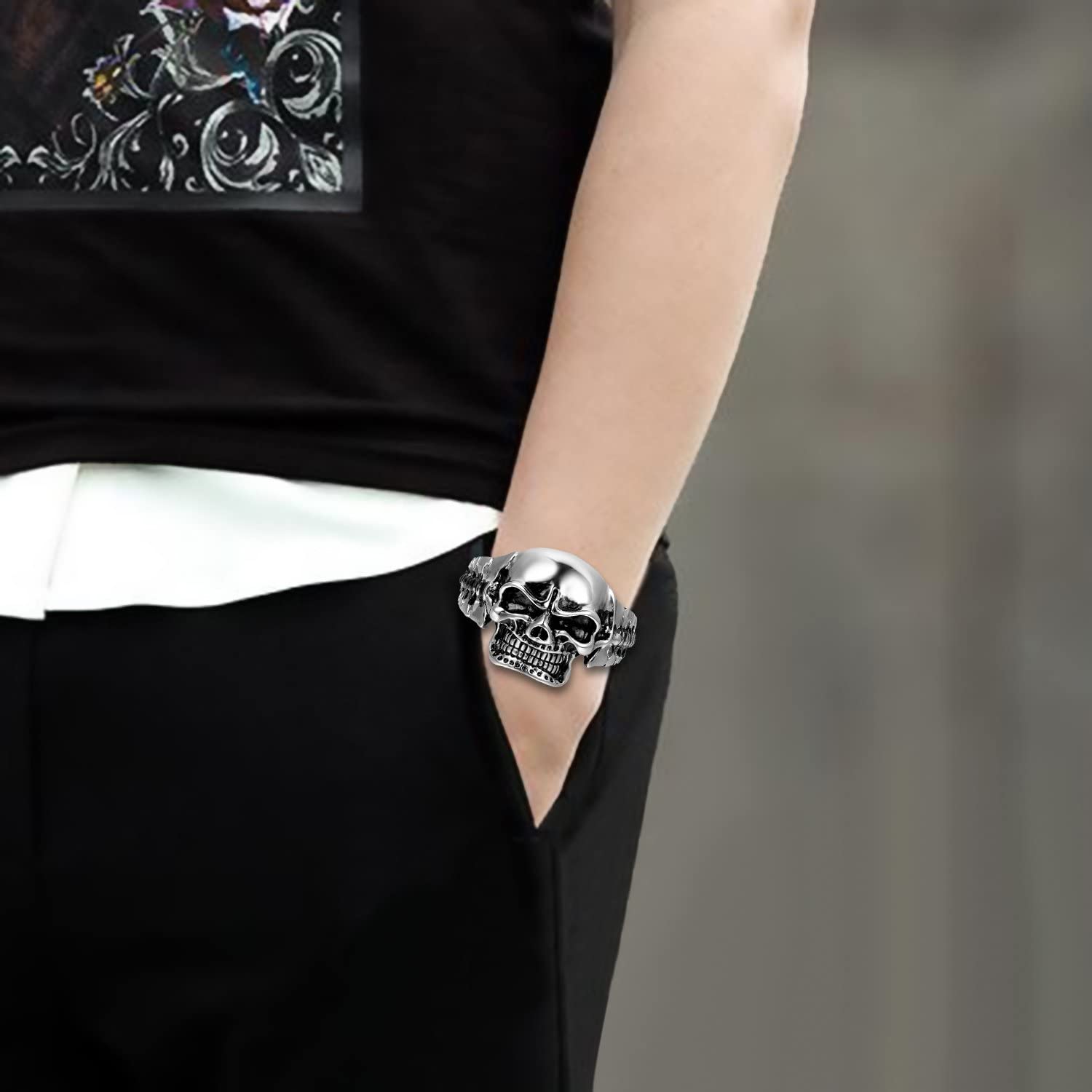 Cupimatch Men's Punk Rock Heavy Solid Stainless Steel Gothic Biker Skull Cuff Bangle Bracelet - Image 4