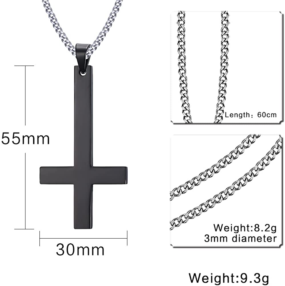 VNOX Men's Women's Stainless Steel Inverted Upside Down Cross Necklace Pendant with Cuban Chain Black,60cm - Image 3