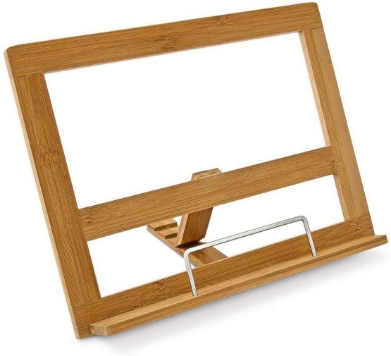 Relaxdays Bamboo Cookbook Holder, 24 x 32 x 18 cm, Recipe Book Stand Ajustable, 3 Angles, Kitchen Reading & Book Support w/ Page Holder, Brown