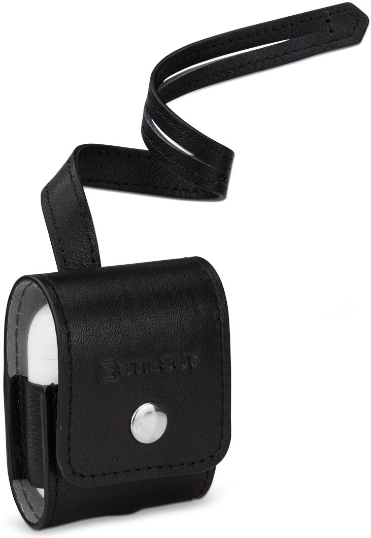 StilGut Leather Case with Leather Strap Compatible with AirPods Earphones, Black Nappa, Black Nappa - leather Strap