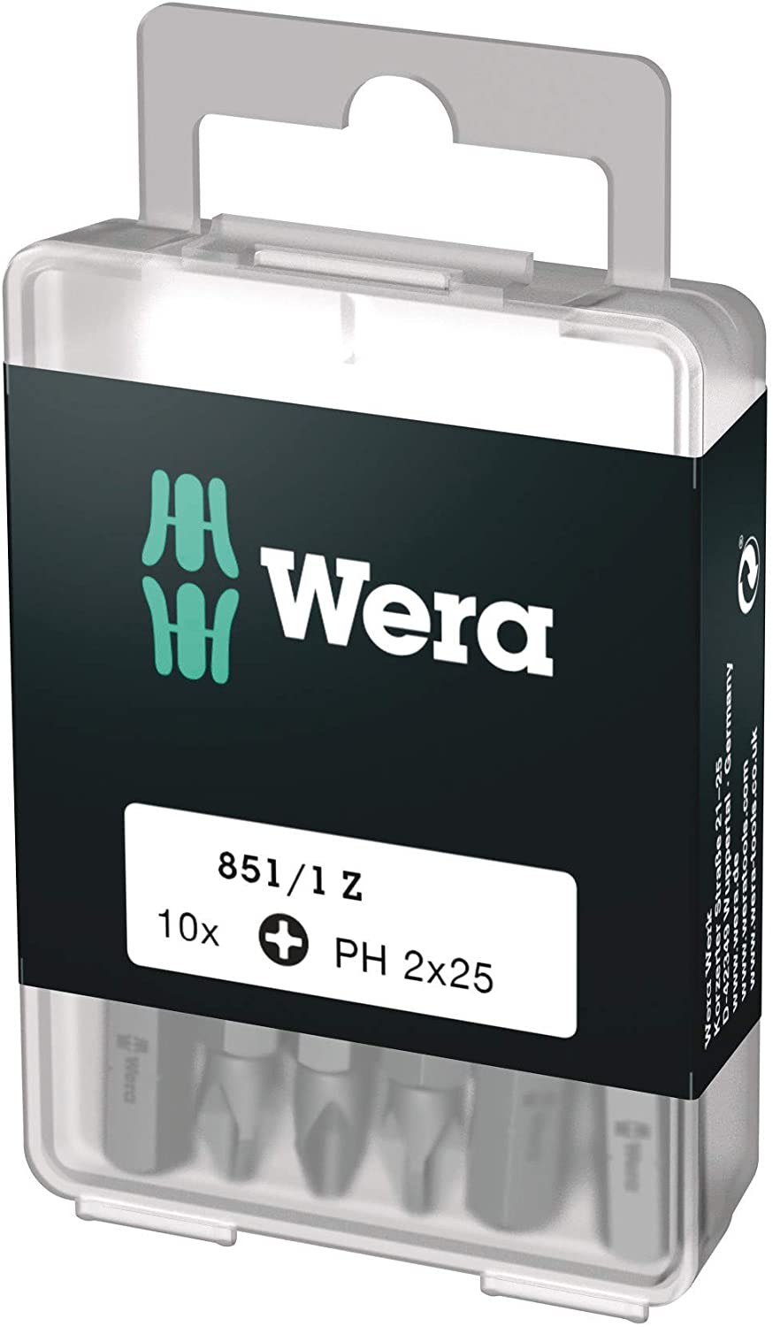 Wera 05072401001 Phillips Extra-Tough Bits 851/1 Z PH2 x 25 mm, Pack of 10, Silver, PH 2 x 25 mm