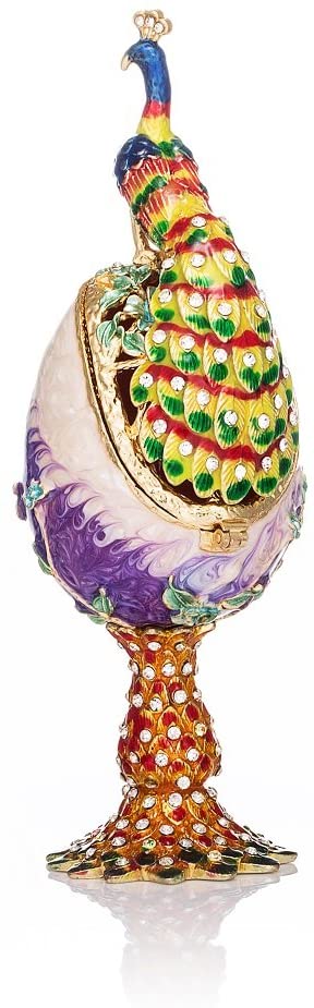 QIFU Hand Painted Enameled Faberge Peacock Egg Style Decorative Hinged Jewelry Trinket Box, Unique Gift for Home Decor - Image 2