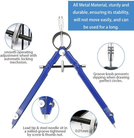 PERFETSELL 2 Pack Professional Compass Math Compass Geometry with Lock Screws and Lead Replacement, Metal Drafting Compass Precision Spring Bow Compass Drawing with Wheel for Woodworking, School - Image 3
