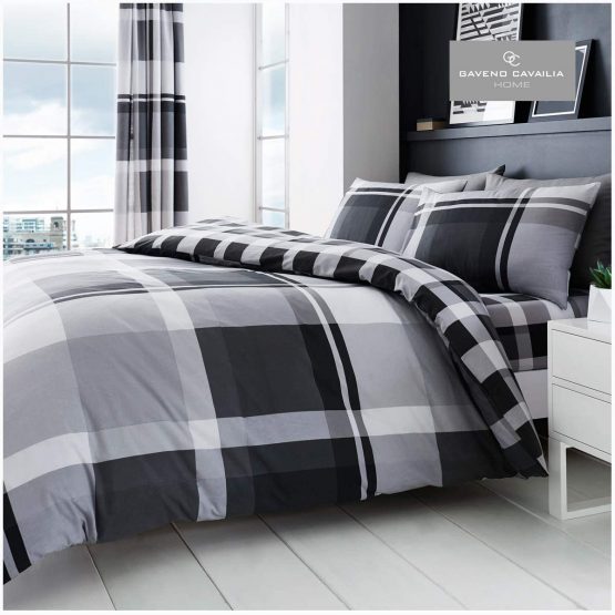 Gaveno Cavailia Waverly Check Luxurious Bed Set with Duvet Cover and Pillow Cases, Polyester-Cotton, King - Grey