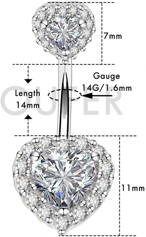 OUFER 14G Belly Bars 8/12/14mm Double Heart Cubic Zirconia Belly Button Ring 316L Surgical Steel Short Long Navle Piercings Body Jewellery Women Gifts - Image 2