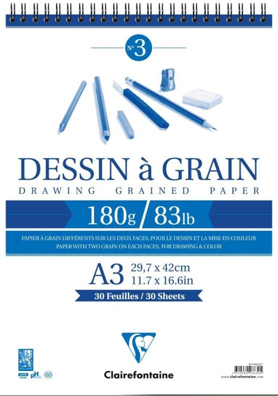 Clairefontaine White Grained Drawing Paper Glued Pad, 180 g, A3, 30 Sheets - Image 2