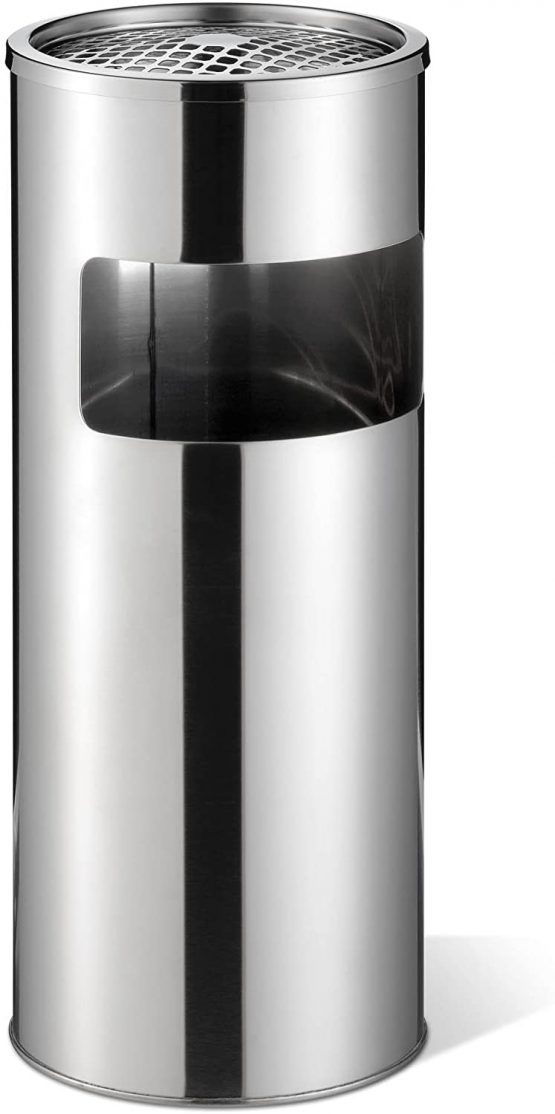 Durable Waste Bin Metal with Round Ashtray - Silver