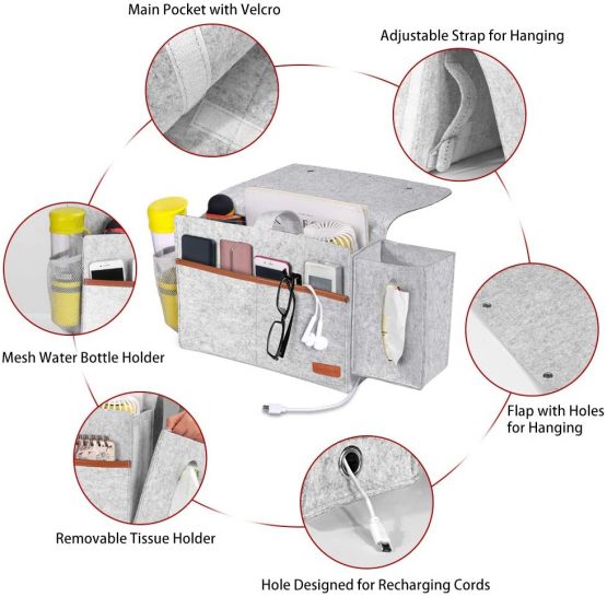 Simboom Bedside Pocket Felt Hanging Storage Bag with Tissue Box and Water Bottle Holder, Dorm Bedroom Bed Sofa Organizer for Phone, Tablet, Remote, Magazines - Light Grey - Image 4