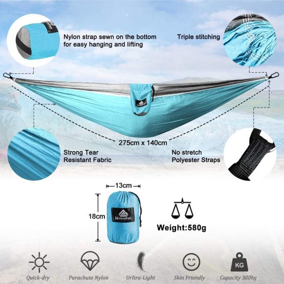 NATUREFUN Ultra-Light Travel Camping Hammock | 300kg Load Capacity,(275 x 140 cm) Breathable,Quick-Drying Parachute Premium Carabiners,2 x Nylon Slings Included | for Outdoor Indoor Garden, Textile, Azure/Grey, - Image 3