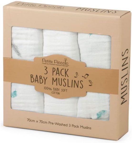 Petite Piccolo Super-soft Baby Muslins with Floating Feather Design 70cm x 70cm, Pack of 3