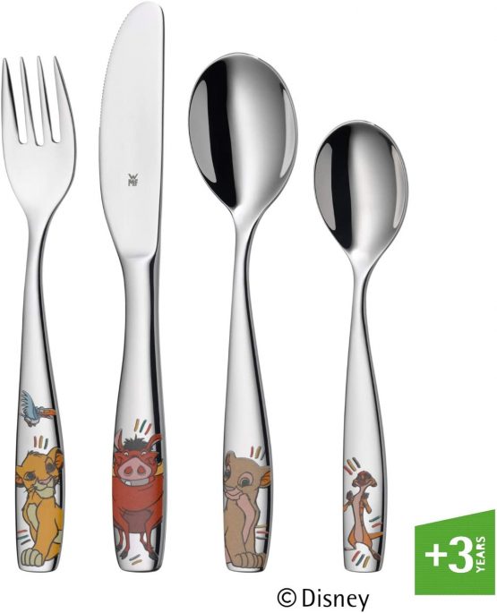WMF The Lion King children's crockery, 4 pieces, for ages 3 and above, polished stainless steel, dishwasher-safe, Stainless Steel, Silver, 21.3 x 15.5 x 2.5 cm
