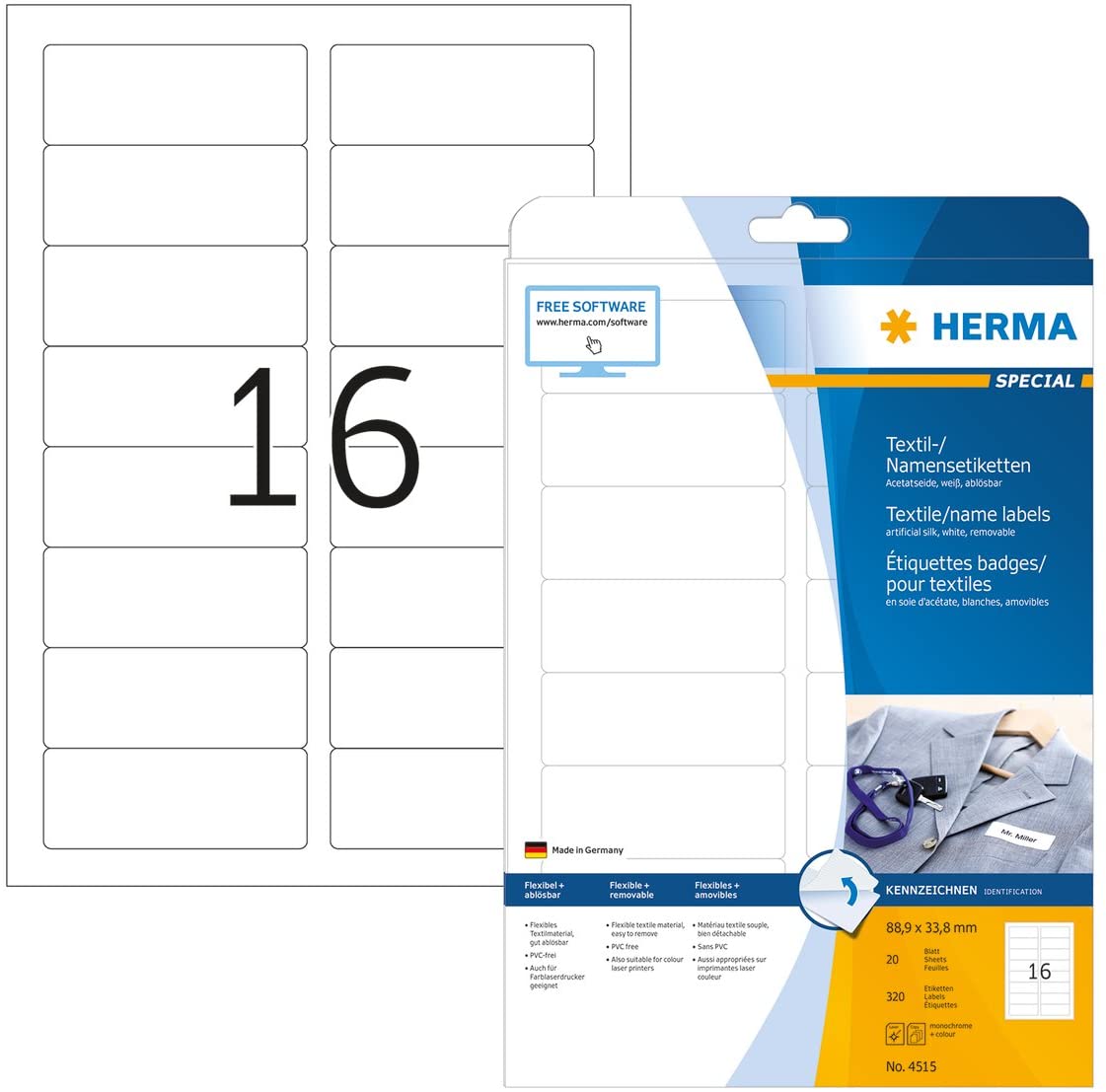 HERMA Self Adhesive Clothing Labels, 16 Labels per A4 Sheet, 20 Sheets, 88.9 x 33.8 mm, 320 Labels
