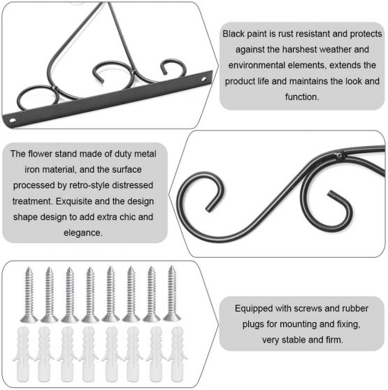 EMAGEREN 4 Pack Wall Hanging Brackets Hooks Metal Wall Hooks Heavy Duty Plant Hooks Retro Outdoor Indoor Garden Hook with Screws for Garden Basket Lantern Lawn Light Flower Pots, 25x20CM (Black) - Image 3