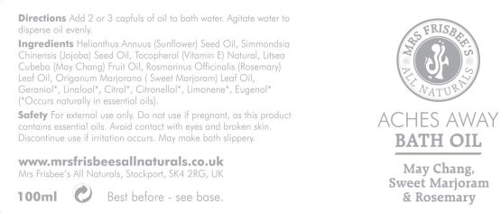 Aches Away Bath Oil (May Chang, Rosemary and Sweet Marjoram) by Mrs Frisbee's All Naturals/Handmade/Natural/Vegan/Made with Jojoba Seed Oil, Sunflower Seed Oil and Vitamin E, and pure essential oils - Image 3