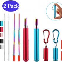 RZJZGZ 2 Pack Telescopic Reusable Straw, Collapsible Stainless Steel Straws, Portable Metal Drinking Straws with Aluminum Key-Ring Case & Cleaning Brush for Travel, Home, Work (Red and Blue)
