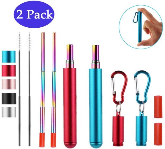 RZJZGZ 2 Pack Telescopic Reusable Straw, Collapsible Stainless Steel Straws, Portable Metal Drinking Straws with Aluminum Key-Ring Case & Cleaning Brush for Travel, Home, Work (Red and Blue)